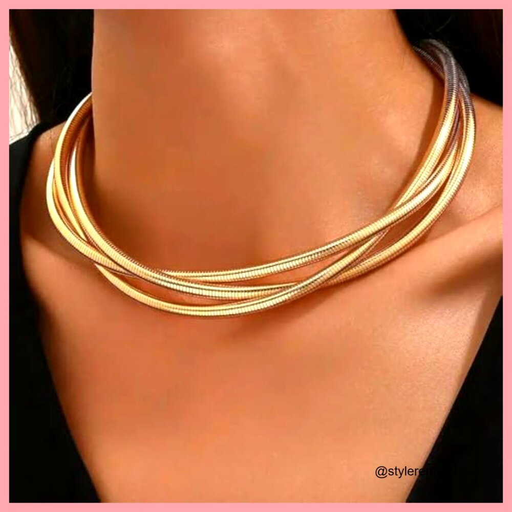 Stainless Steel Chunky Statement Choker Necklace Layered Snakebone Chain